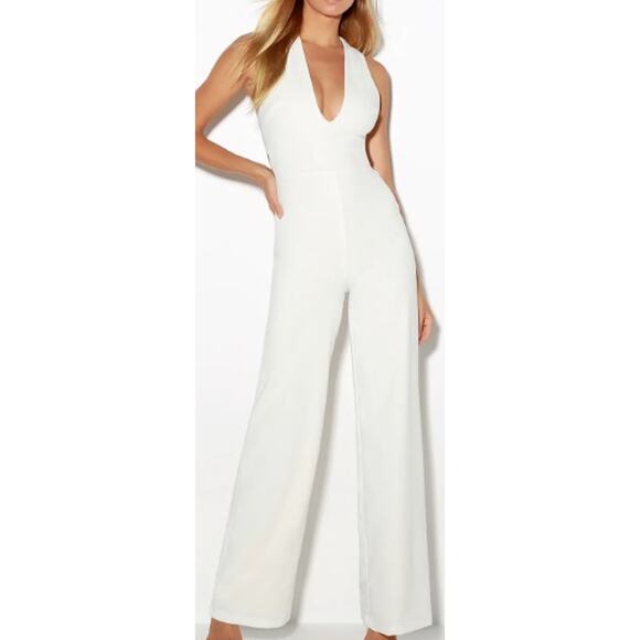 LULU'S M Thinking Out Loud White Backless Criss Cross Wide Leg Jumpsuit b101 - Picture 1 of 15